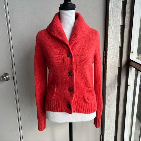 Vintage J Crew Vibrant Coral Sweater Button Up Rabbit Hair Cashmere Merino Wool - Picture 7 of 11
